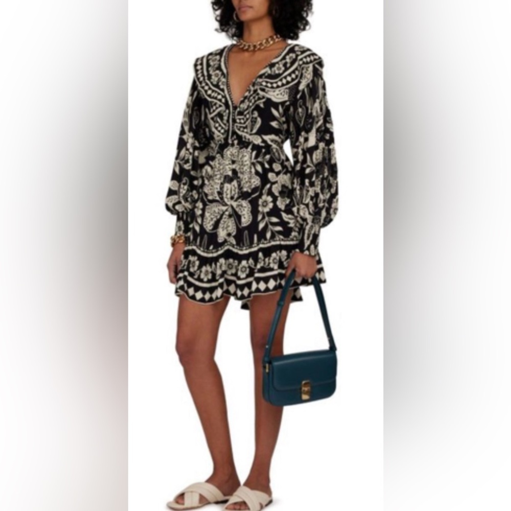 FARM RIO NWT Black & White Graphic Tropical Floral Bird Printed Ruffle Dress S - Picture 2 of 9